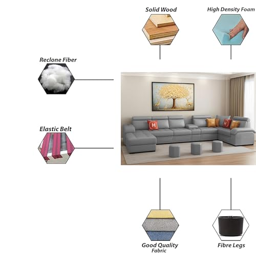 Image of Casaliving Emerson Modern U-Shaped Sectional Sofa Set 9 Seater, Sofa Couch with 3 Puffy for Hall (Grey Colour) Premium Leatherette Fabric Sofa
