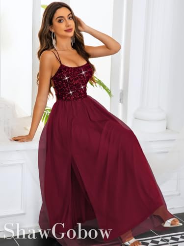 Image of ShawGobow Tulle Prom Dress with Slit,Sequin Backless Long Flowy Dresses for Women,Sexy Sparkly Outfits Homecoming Wedding