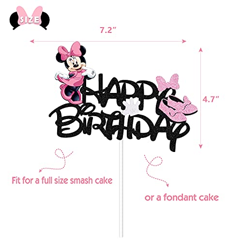 Gogoparty Mouse Cake Topper,Black Glitter Mouse Inspired Happy Birthday Cake Topper With Pink Bows And White Gloves Girls Birthday Party Decorations Supplies(Double-Sided) #TOP4