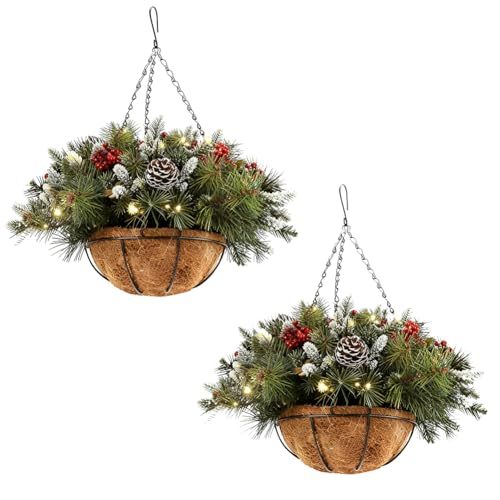 EUBUY 2 Set Artificial Hanging Flower Plants with Basket for Outdoor Decoration Hanging Basket with Pine Cones and Red Berries for Indoor Outdoor Holiday