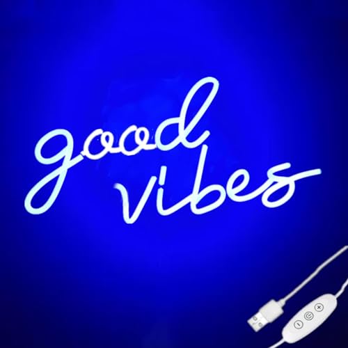 Image of Large Blue Neon Good Vibes Signs LED Dimmable USB Powered Cood Vibes Banner Decorative Night Lights Neon Lamps for Bedroom Living Room Apartment Bar Wedding Party Wall Background Decor Art, 16.5x8IN