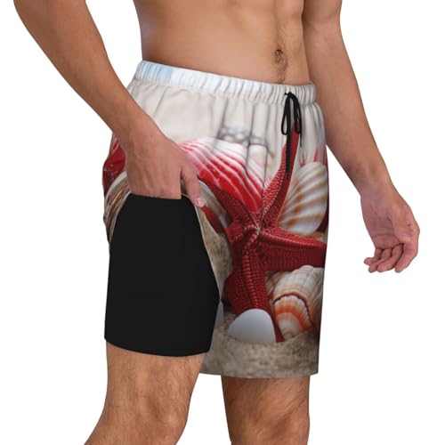 Men's Swim Trunks Quick Dry Board Shorts Red Starfish Seashells Beach Shorts with Pocket Bathing Suits for Men2