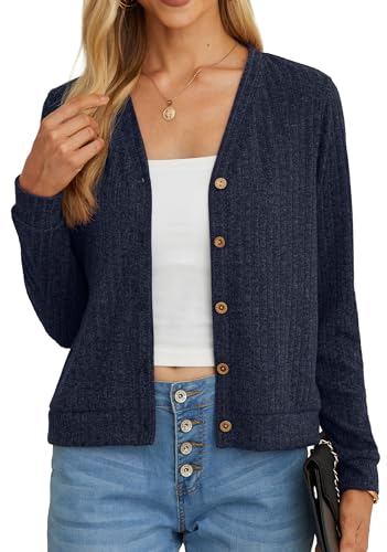 GRECERELLE Women's Crop Cardigan Summer Long Sleeve V-Neck Button Down Knit Lightweight Outerwear Shrug Shawl Bolero Cardigans for Ladies (Navy Blue, L)