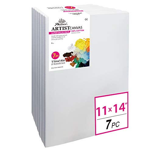 PHOENIX Pre Stretched Canvas for Painting - 11x14 Inch / 7 Pack - 5/8 Inch Profile of Super Value Pack for Oil & Acrylic Paint