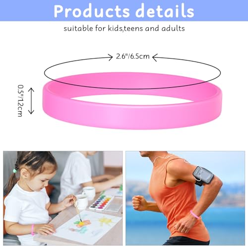 Image of Morcheiong 12 Pieces Silicone Bracelets- Pink Color Blank Rubber Wristbands for Adults Teen Party Favors