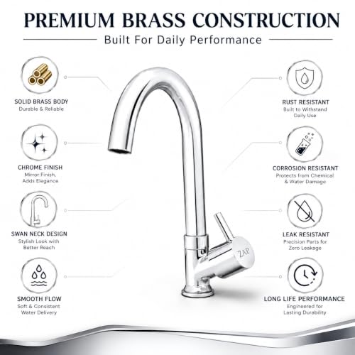 Image of ZAP Pluto Swan Neck Kitchen Tap | Premium Brass Body with Chrome Finish | Deck Mounted Faucet for Kitchen Sink & Wash Basin | Smooth Water Flow | Rust Resistant Long Neck Water Tap