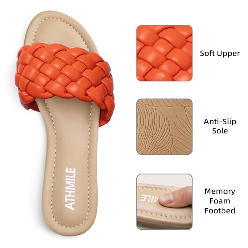Image of ATHMILE Braided Sandals for Women, Open Toe Flat Summer Slides, Nude Sandal | Woven braided upper with round open toe design, lightweight flat style for beach trips, vacations, and summer outfits.
