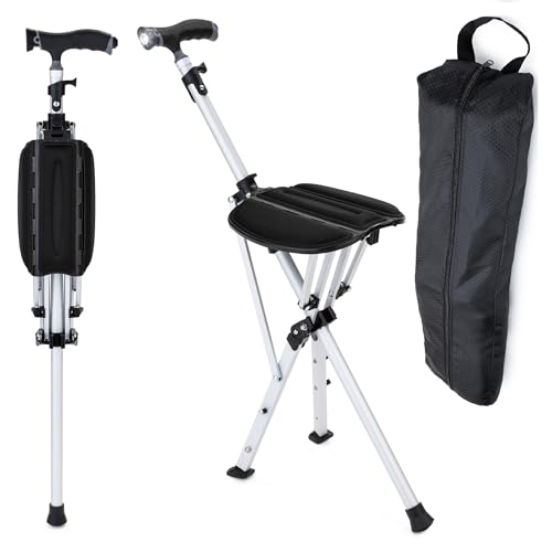 Canne de marche avec siège et lumière LED, cadre en aluminium robuste et léger, chaise pliable, idéale pour les voyages, la randonnée, le tourisme, le...