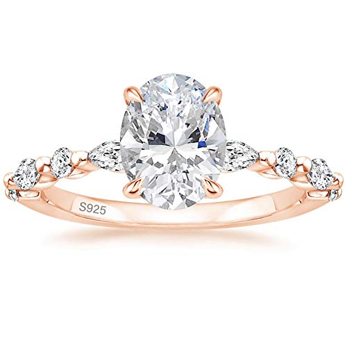 EAMTI 1.5 Carats 925 Sterling Silver Ring Oval Cut Rose Gold Cubic Zirconia Engagement Rings Solitaire Halo Promise Ring for Women Size 8