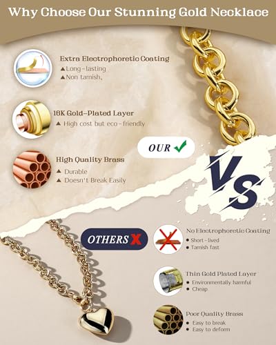 TEN MIRO 16k Chunky Gold Necklace for Women Non Tarnish, 36'' /92cm Long Gold Chunky Heart Necklace layered Puffy Heart Necklaces Long Thick Pendant Bold Statement Necklaces for Women Trendy3