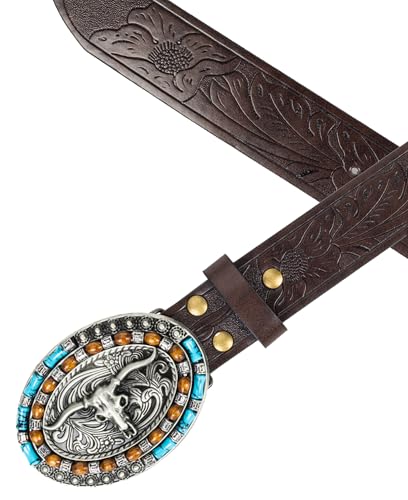 Image of Western-Cowboy-Leather-Belts for Women Turquoise-Oval-Buckle Embossed Belt