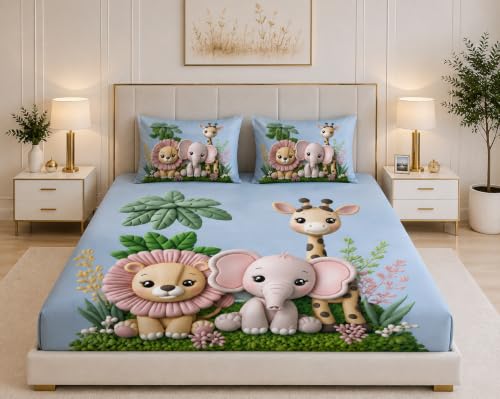 Image of 7D Digital Printed King Size Bedsheet | 240TC Premium Cotton Feel Microfiber with 2 Pillow Covers | Soft Breathable & Wrinkle Free Bedding Set | (Jungle, King Size-90x100 Inch)