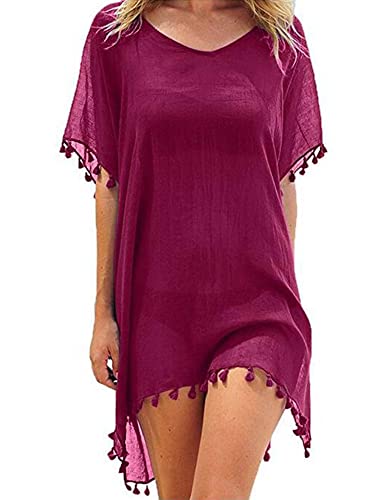 Edhomenn Vestido corto de playa de gasa para mujer, vestido de playa con borlas, color liso, transparente, traje de baño casual de verano, rojo oscuro, Talla única