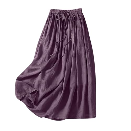 Women Summer Cotton Linen Maxi Skirts Drawstring Elastic Waist Skirt Flowy Lightweight Beach Vacation Clothes