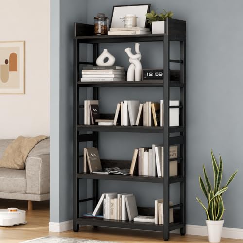 Image of 5-Tier Kitchen Organizer Rack Shelf | Heavy Duty Metal & Wooden| Industrial Bookcase | Kitchen Storage Office & Living Room | Black | 80x30x166 cm