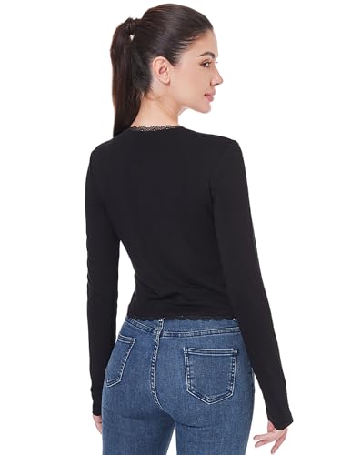 Image of AmelieBoutik Women Long Sleeve Lace Trim Open Front Bolero Shrug Cropped Cardigan