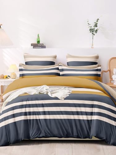 LOOMLYFE 300 TC Microfiber XXL Soft Cotton Super King Size Bedsheet for Double Bed, King Size 108 Inches X 108 Inches, 9 Feet, 275 X 275 cm with 2 Large Size Pillow Covers - NavyBlueStripes