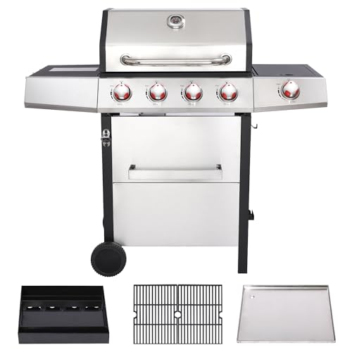 4 Burner Propane Gas Grill Combo w/Side Burner, 3-in-1 BBQ Grill with Charcoal Smoker & Griddle Plate, 46,750 BTU, 448 Sq.In. Stainless Steel Outdoor Cooking Station