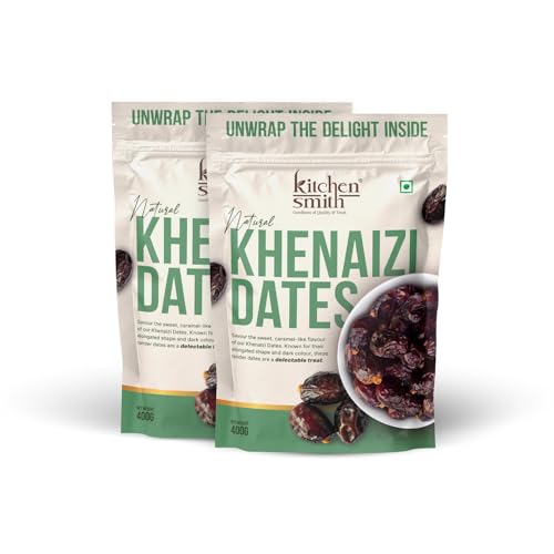 Image of KitchenSmith Khenaizi Fresh Dates - Pack of 2-400gm | No Preservatives & Added Sugar | High Fibre | Energy Health Snacks | Premium Khajoor