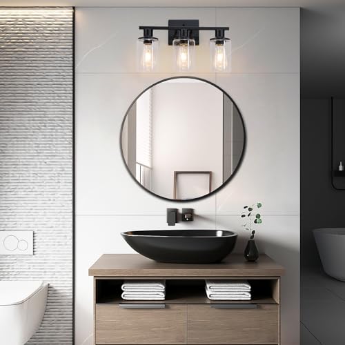Image of Matte Black Bathroom Light Fixtures Over Mirror,3-Light Bathroom Vanity Light with Clear Glass Shade,Modern Farmhouse Wall Sconces Lighting for Mirror Kitchen Living Room Cabinet
