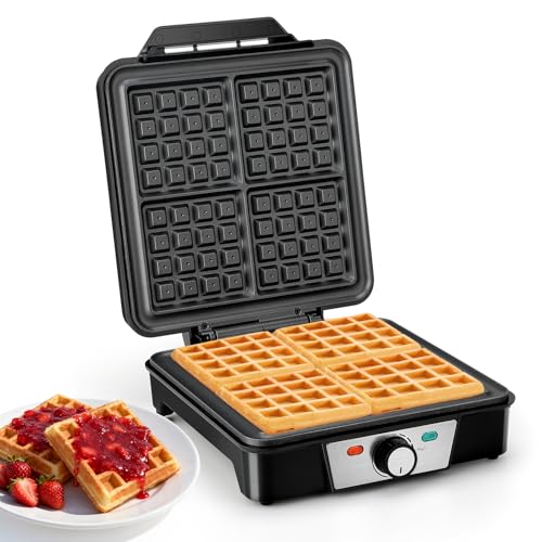 Imagen de Cozary Gofrera Maquina de Gofres Waflera Antiadherente 1200W Hace 4 Gofres Belgas Temperatura Ajustable Acero inoxidable Diseño Compacto