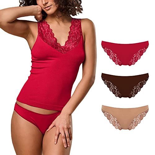 FOCENZA Brasileña Mujer de Encaje y Microfibra, Ropa interior sin costuras, Multipack de 3 piezas en varios colores, Made in Italy, Rojo-chocolate-desnudo, S/M