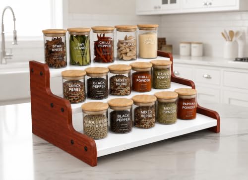 Image of FireBees Kitchen Organizer Rack | 3 Tier Wooden Kitchen Shelf Organisers & Shelf Riser for Counter Top | Wooden Kitchen Storage Stand | Rack for Spice Bottles, Jars, Seasonings (WHITE ORANGE)