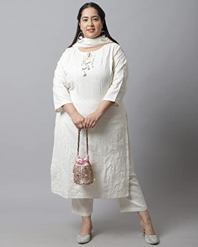 Image of Rajnandini Women's Pure Cambric Cotton Embroidered Plus Size Kurta Set With Dupatta (JOPLVL214X Off-White)