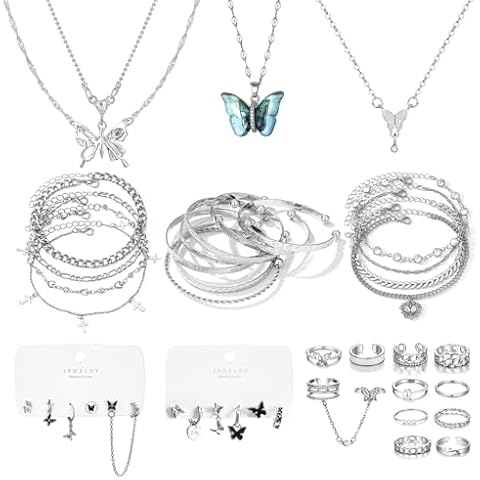 42 Pcs(10 Pack) Silver Plated Jewelry Set for Women With 3 Necklace 8 Bracelet 7 Bangle 12 Ring 12 Pcs Stud Earring Hoop Sparkle Butterfly Pack for Happy Cover
