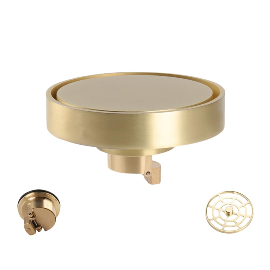 KJdxfhFH Bathroom floor drains, Hair Strainer Push Type All Copper Round Floor Drain Invisible(Gold)