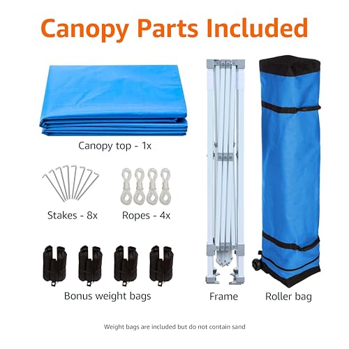 Image of Amazon Basics Outdoor Pop Up 10 x 10 Canopy Tent for Events, Portable with Easy Setup, Sun Shelter for Outdoor Activities, Includes Wheeled Carry Bag, 8 Pegs, 4 Ropes, 4 Weighted Bags, Blue