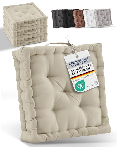 Beauitssu Set de 4 Coussins de Sol Coussin d'assise 40x40 cm - Coussin Matelas épais 8cm - 100% Coton Coussin de Chaise Intérieur & Extérieur Poignée de Transport...