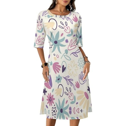Young Women Mid-Sleeve Full Length Dress Whimsical Graffiti Pattern Skin-Friendly