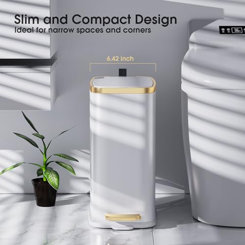 CEROELDA Small Bathroom Trash Can with Lid Soft Close-5L/1.3 Gal Stainless Steel Garbage Can-Step Pedal Wastebasket Slim Trash Bin for Office, Bedroom, Toilet, Live Room-White by CEROELDA - Image 2