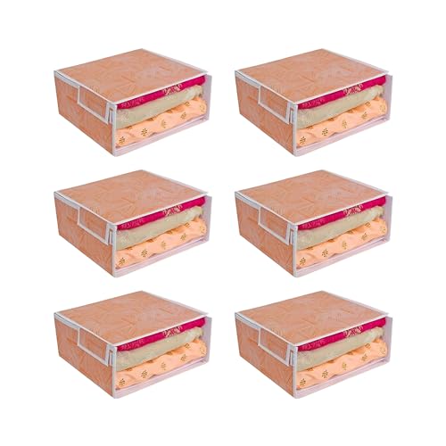 Image of PRETTY KRAFTS Stackable Fabric Saree Storage Organizer for wardrobe, Clear front window with Lid, Stackable organizers, Perfect to organize sarees in a wardrobe, Set of 6, Jute OrangeGrey