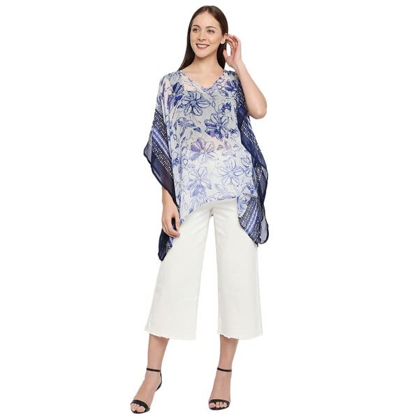 BELLEZIYAWomen's Top, Blue and White Fancy V Neck Polyester Floral Printed Short Kaftan for Casual, Beach, Coverup Wear