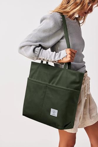 Image of KALIDI Women Corduroy Tote Bag Zipper Casual Tote's Handbag Big Capacity Shoulder Bag with Pockets