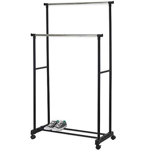 SHISHI Portant à Vêtements Extensible pour Chambre, Acier inoxydable, Porte-Vêtements sur Roulettes, Penderie à Vêtement avec Étagère à Chaussures, Argent-noir (84-150)×42×(108-170) cm,Double Tringle
