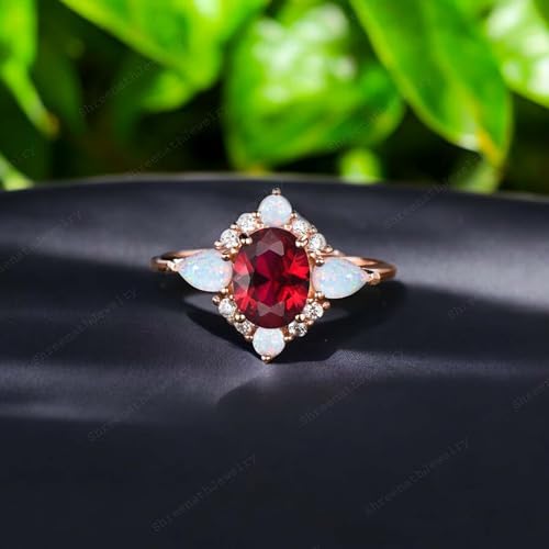 Vintage Red Ruby Engagement Ring 14k Rose Gold Opal Diamond Halo Ring Art Deco Women's Fine Jewelry July Birthstone Handmade Promise Gifts2