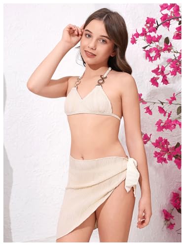 Image of SweatyRocks Girl's 3 Piece Swimsuit Textured Halter Bikini Set with Beach Cover Up Skirt Swimwear
