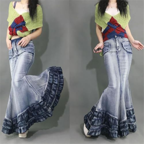 Women's Tail Mermaid Denim Skirt Long Maxi Ruffle Swing A-Line Jean Maxi Skirt with Pockets3