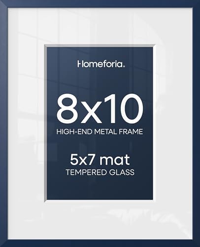 Image of Homeforia 8x10 Blue Picture Frame, High-End Metal, 5x7 Mat, Glass | High End Aluminum, Tempered Glass, Acid-Free 5x7 Removable Mat, 8x10 in Edge-to-Edge Display 10x8, Wall Kit, Set Of 1