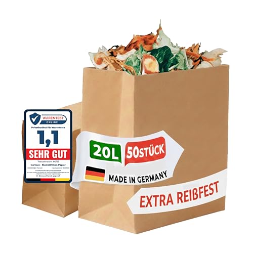 Cartevo Premium Biomüllbeutel 20L - 50 Stück Bio müllbeutel Extra reißfest &Nassfest Biomülltüten Papier für Küche Biomülleimer & Biotonne | Papiertüten plastikfrei, umweltfreundlich & kompostierbar