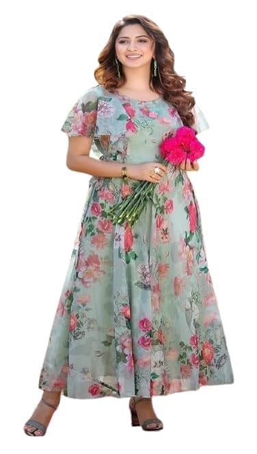 JS Creative Elegant Pastel Green Floral Georgette Maxi Dress for Women – Flowy Floor Length Gown with Layered Sleeves-image-42