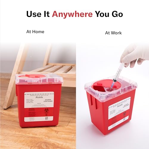 Image of Alcedo 2 Quart Sharps Container (1-Pack) for Needle & Syringe Disposal | Small & Portable, Built-In Needle Removal Port, Clear Lid, Ideal for Home, Travel & Professional Use