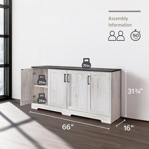 Image of Prepac Rustic Ridge 4 Door Console Table with Storage, Washed White Storage Cabinet with Doors and Shelves, Sideboard Storage Cabinet 66 inch W x 31.75 inch H x 16 inch D, ACBG-1620-1