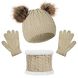 Yolyoo 3 Pack Fashion Winter Beanie Hat Scarf Gloves Set for Kids,Knit Pompom Toddler Hats Neck Warmer Gloves for Girls Boys (Khaki)