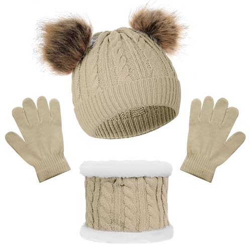 Yolyoo 3 Pack Fashion Winter Beanie Hat Scarf Gloves Set for Kids,Knit Pompom Toddler Hats Neck Warmer Gloves for Girls Boys (Khaki)