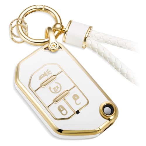 Image of for Jeep Key Fob Cover with Metal Braided Keychain, Upgraded Soft Case for Jeep Wrangler Rubicon Gladiator JL JLU JT Sahara JLU Flip (4 buttons) Fob Shell (Gold, C1)