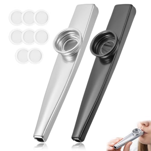 ROLKUFA 2 kazoo de aleación de aluminio con 8 membranas reemplazables, instrumento musical para niños preescolares, aprendizaje musical, negro y plata